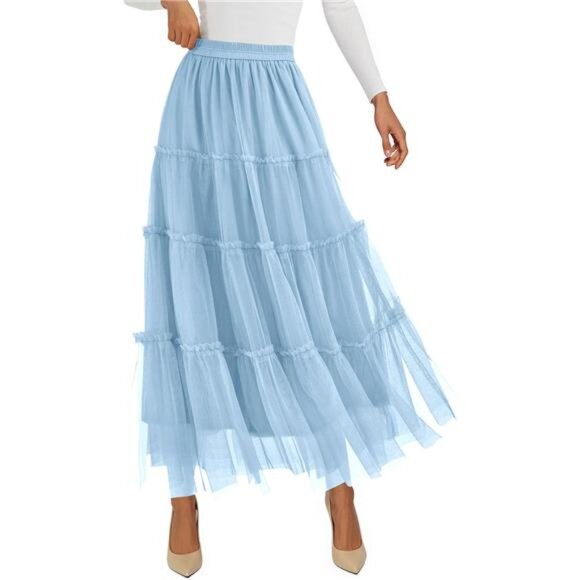 Tulle Skirts, Fashion Elastic High Waisted Skirt Light Blue - Picture 1 of 6